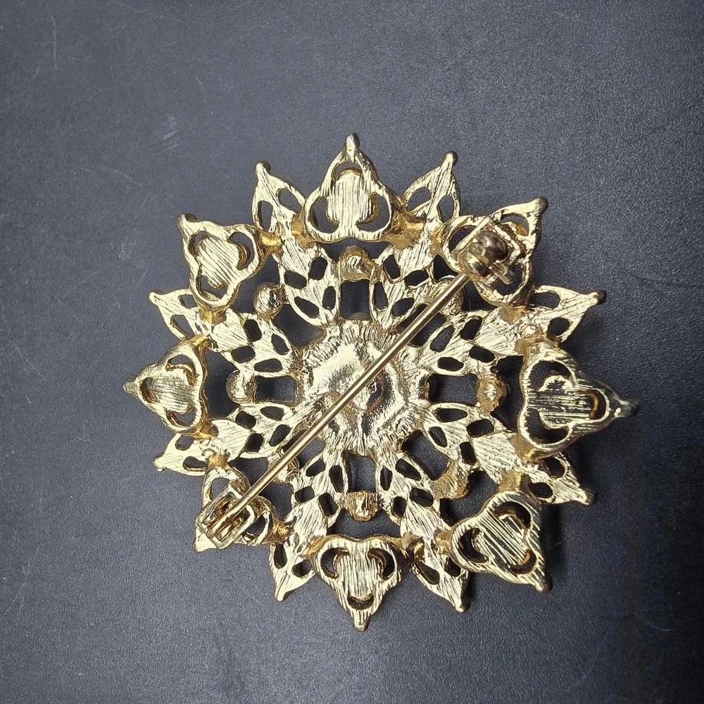 Amber Rhinestone Starburst Brooch Gold Tone Statement Jewelry